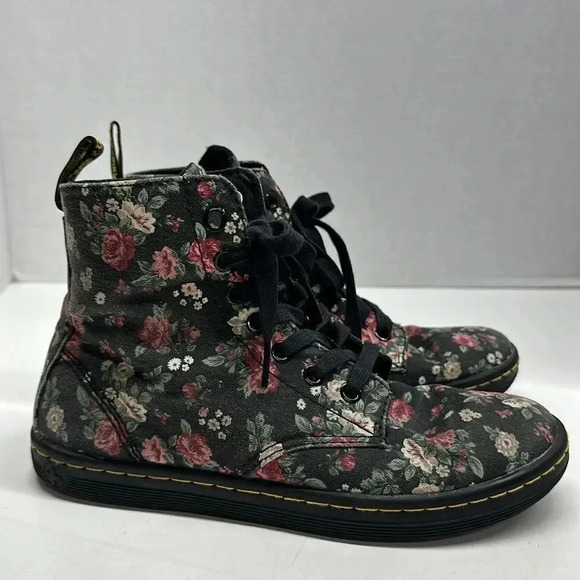 Dr Martens Hackney Combat Boots Canvas Lace Up Ankle Black Pink Rose Floral 6 - Picture 2 of 10